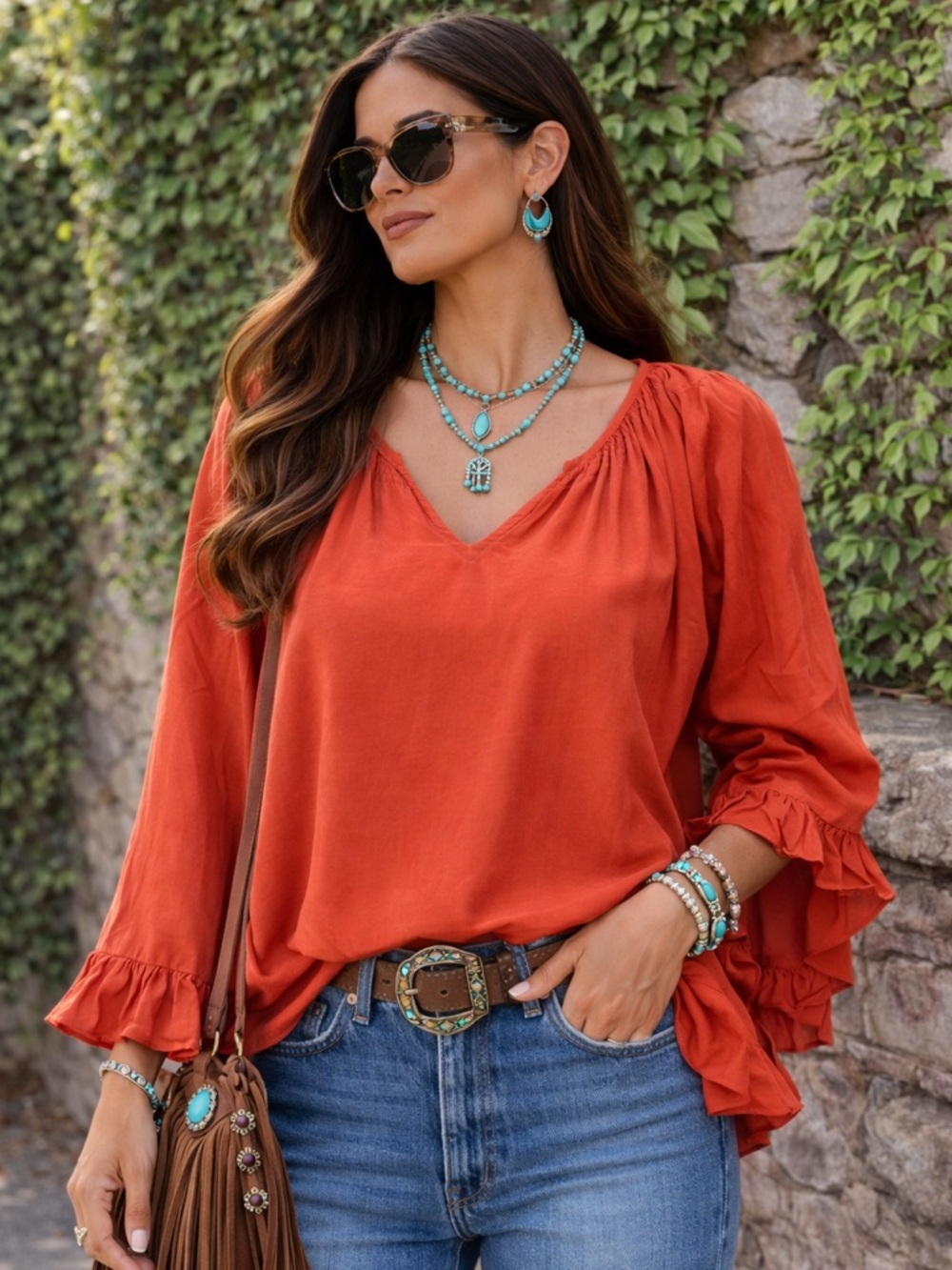 THE ADDISON STORY Coastal Cowgirl Southwest Rust Bell Sleeve V-Neck Blouse, S